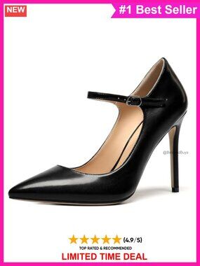 Pointed Toe Mary Jane Pumps 4 Inch Stiletto Heel Ankle Strap Faux Leather